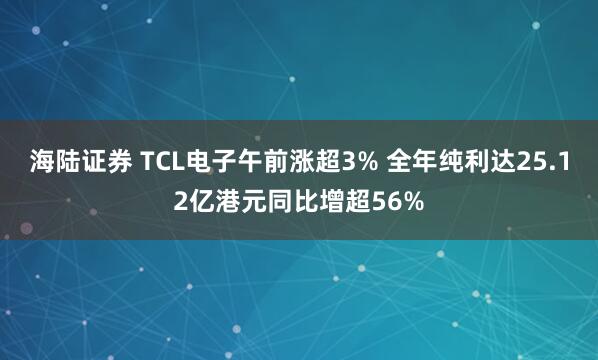 海陆证券 TCL电子午前涨超3% 全年纯利达25.12亿港元同比增超56%